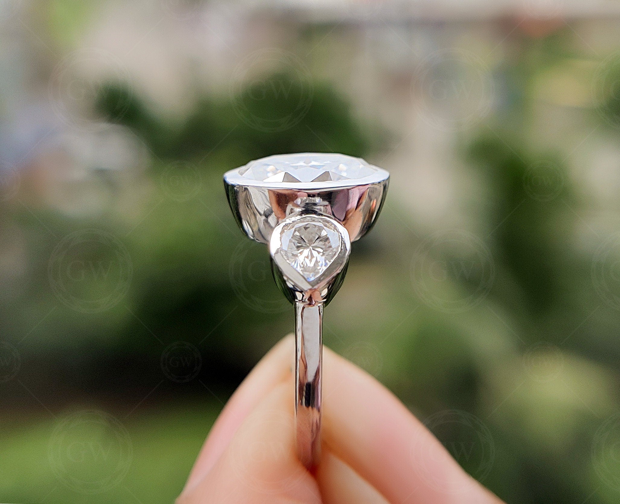 Oval 3 Stone Moissanite Engagement Ring, 2.50 Ct Moissanite Oval Ring, Bezel Set Oval And Pear Shape Ring, Trilogy Promise Ring For Women