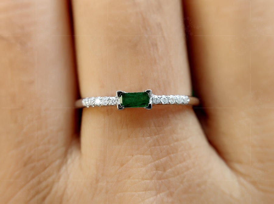 Elegant Dainty Stackable Birthstone Ring for Mom - Emerald Baguette Beauty - Minimalist Stacking Ring with May Birthstone, a Stunning Green Gemstone Ring