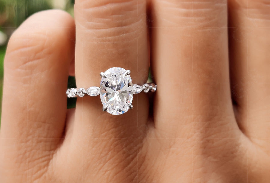 Elongated Oval Cut Solitaire Engagement Ring With Side Stones, Moissanite Oval Cut Ring, Floating Marquise And Round Band, Hidden Halo Ring