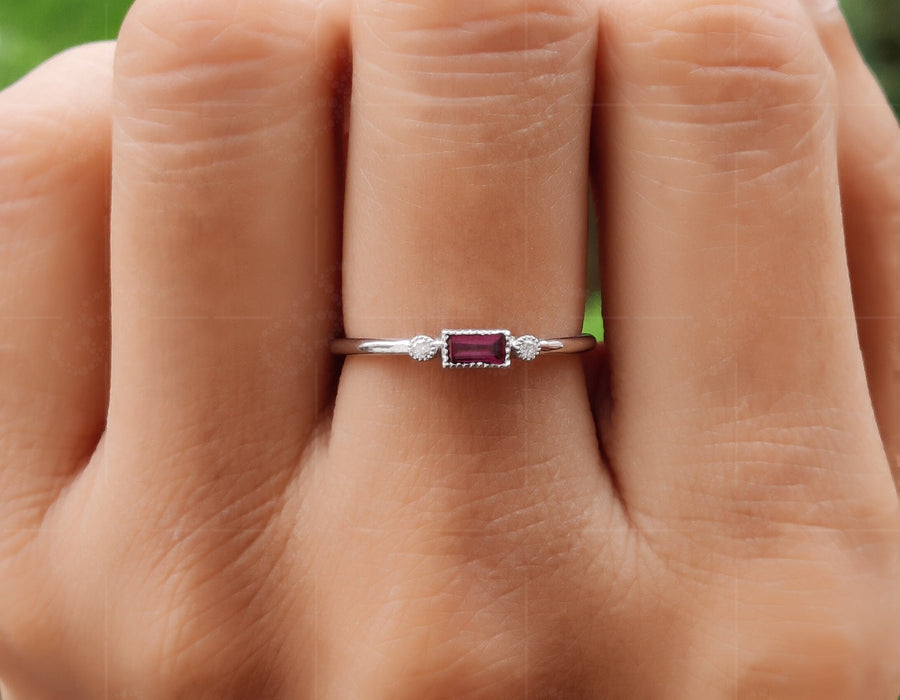 Rhodolite Garnet Women's Baguette Stacking Ring - Dainty Birthstone Stackable Ring for Mom