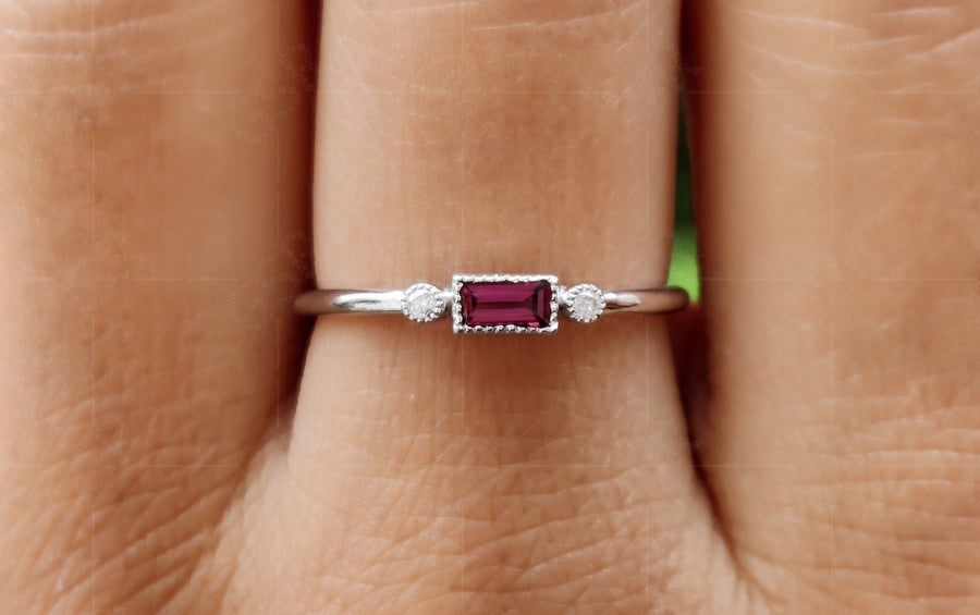 Rhodolite Garnet Women's Baguette Stacking Ring - Dainty Birthstone Stackable Ring for Mom