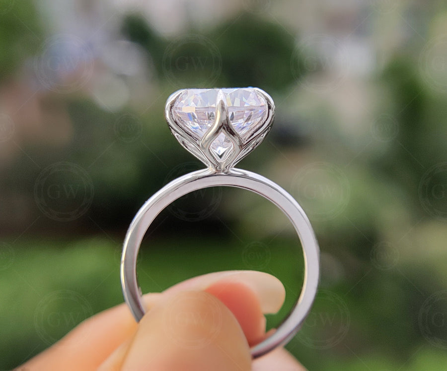 4 Ct Round Moissanite Solitaire Ring, Tulip Setting Engagement Ring For Women, Lotus Flower Prong Ring, Nature Inspired Ring, Petal Ring