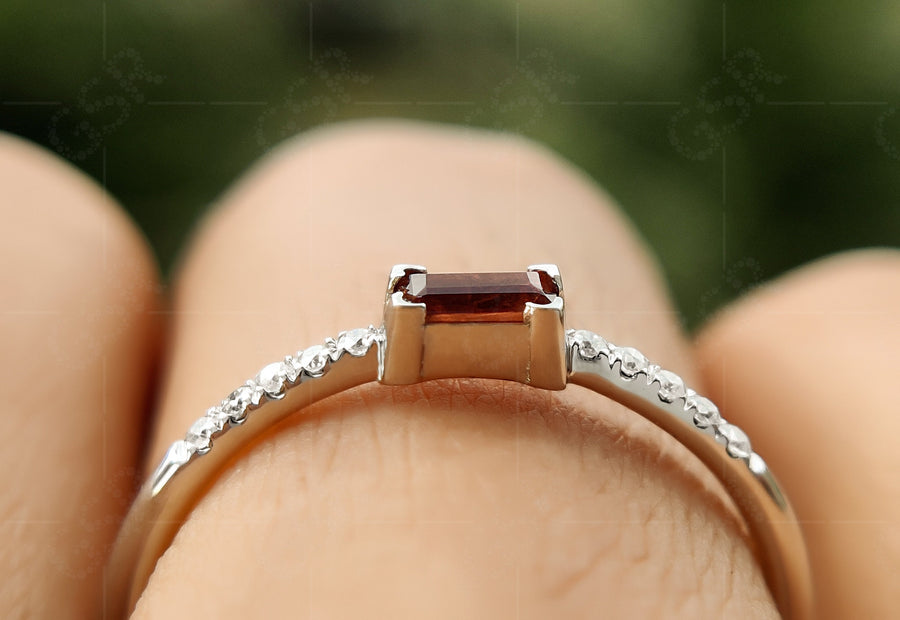 Elegant Dainty Garnet Baguette Ring - Stacking January Birthstone Beauty for Women - Minimalist Stackable Rings, Perfect Delicate Anniversary and Mom Ring