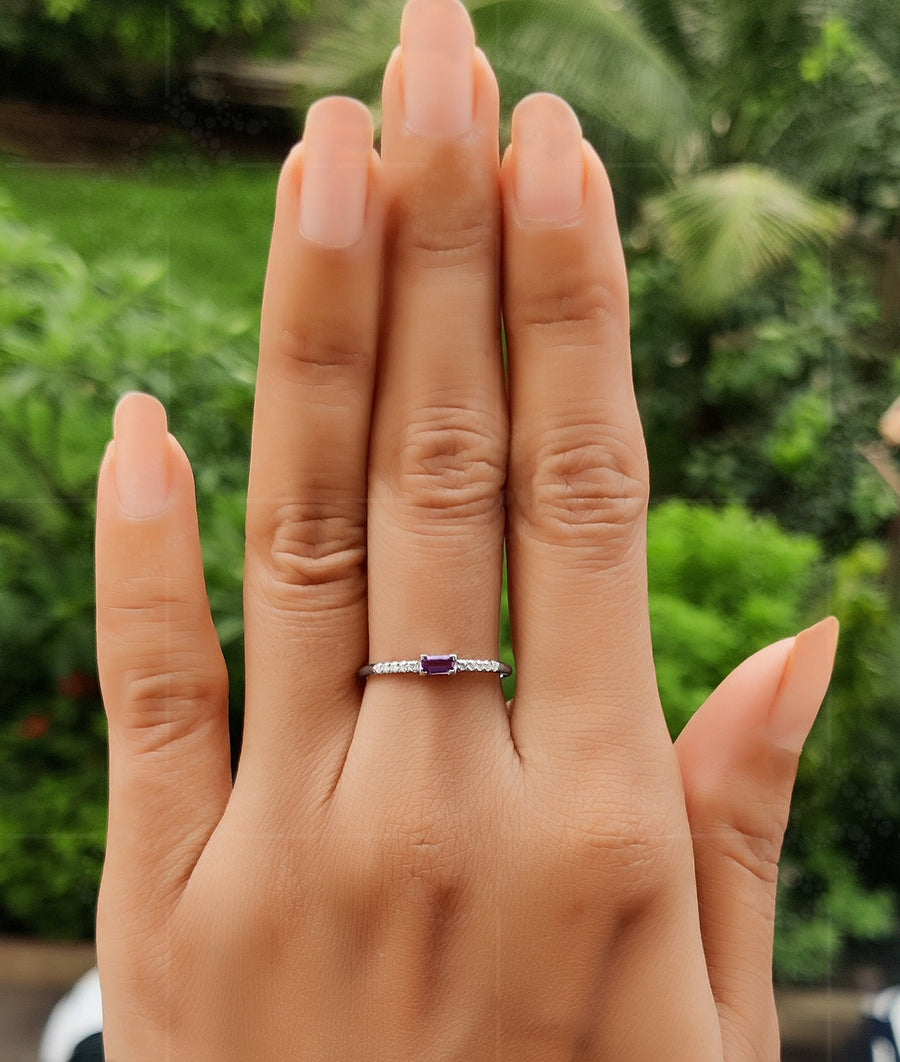 Amethyst Baguette Birthstone Ring - Purple Stone Ring For Mom - Dainty Stacking Ring For Women - February Gemstone Minimalist Ring