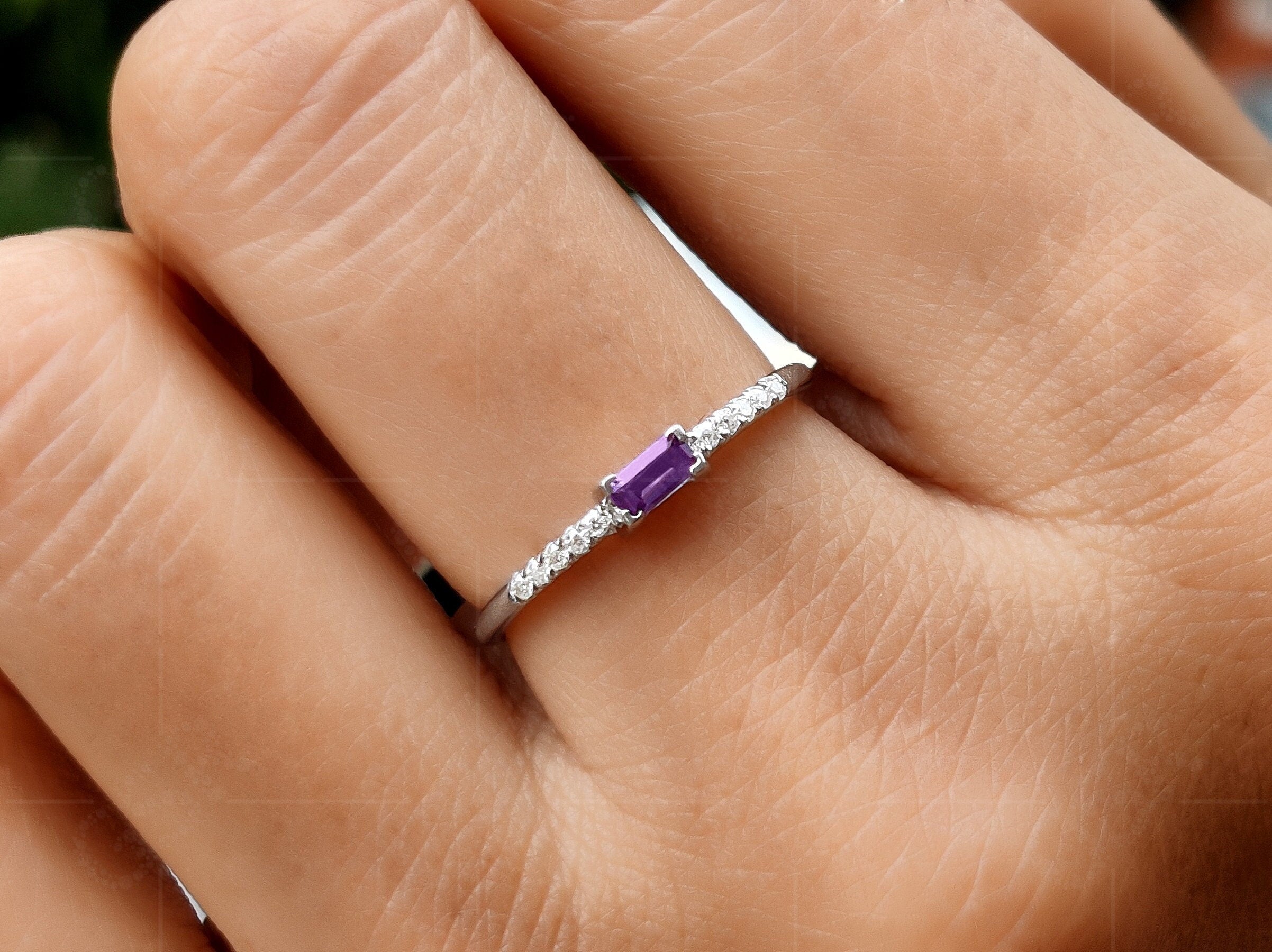 Amethyst Baguette Birthstone Ring - Purple Stone Ring For Mom - Dainty Stacking Ring For Women - February Gemstone Minimalist Ring