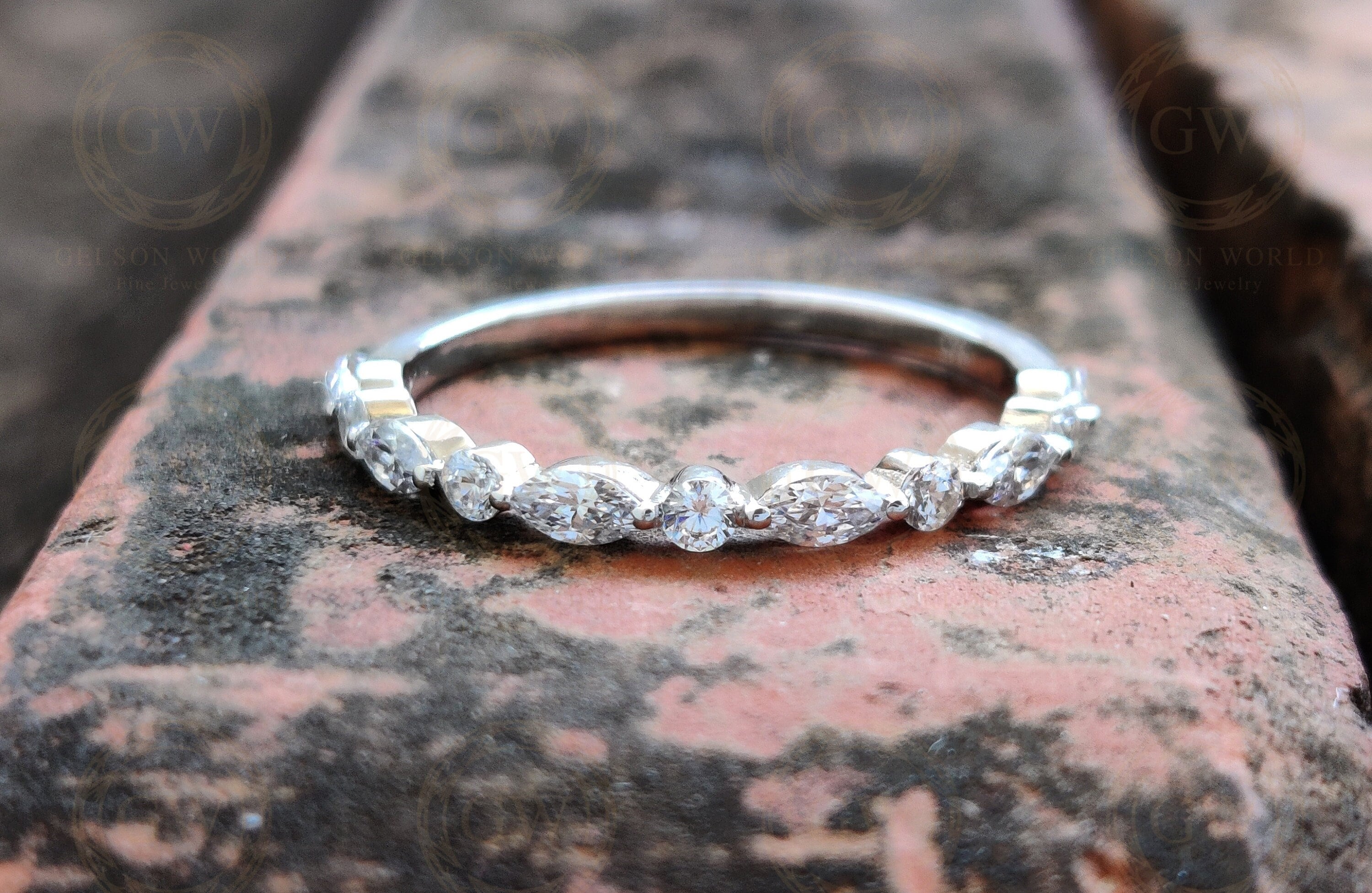 Alternating Round And Marquise Moissanite Wedding Bands Women, Floating Bubble Band, Shared Single Prong Band, Half Eternity Stacking Ring