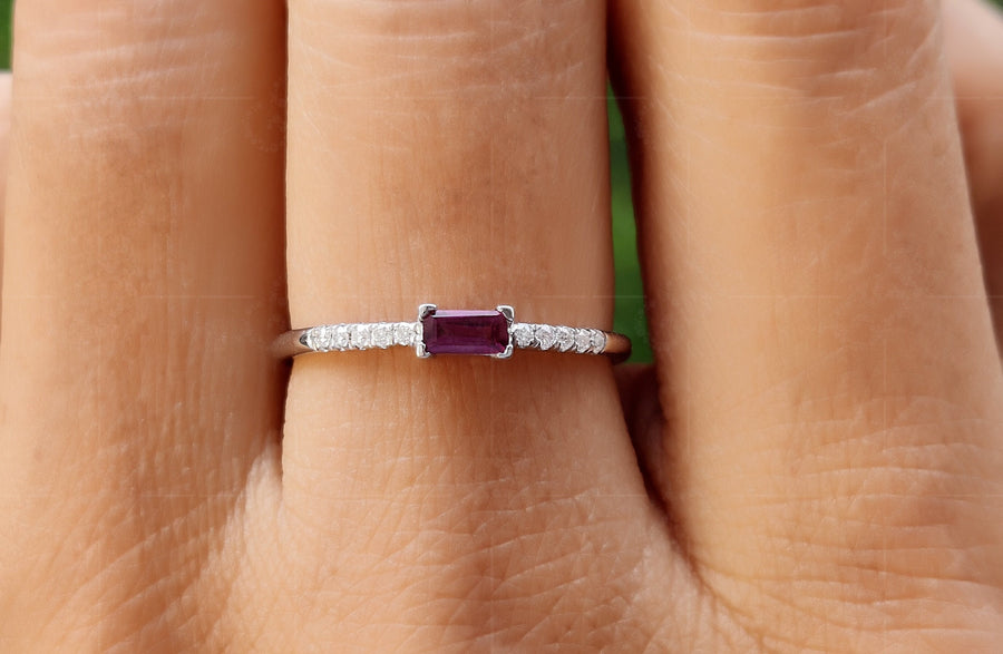 Elegant Rhodolite Garnet Baguette Ring - Stackable Birthstone Rings for Mom - Dainty Gold Stacking Ring - Women's Minimalist Delight - Thin Delicate Ring