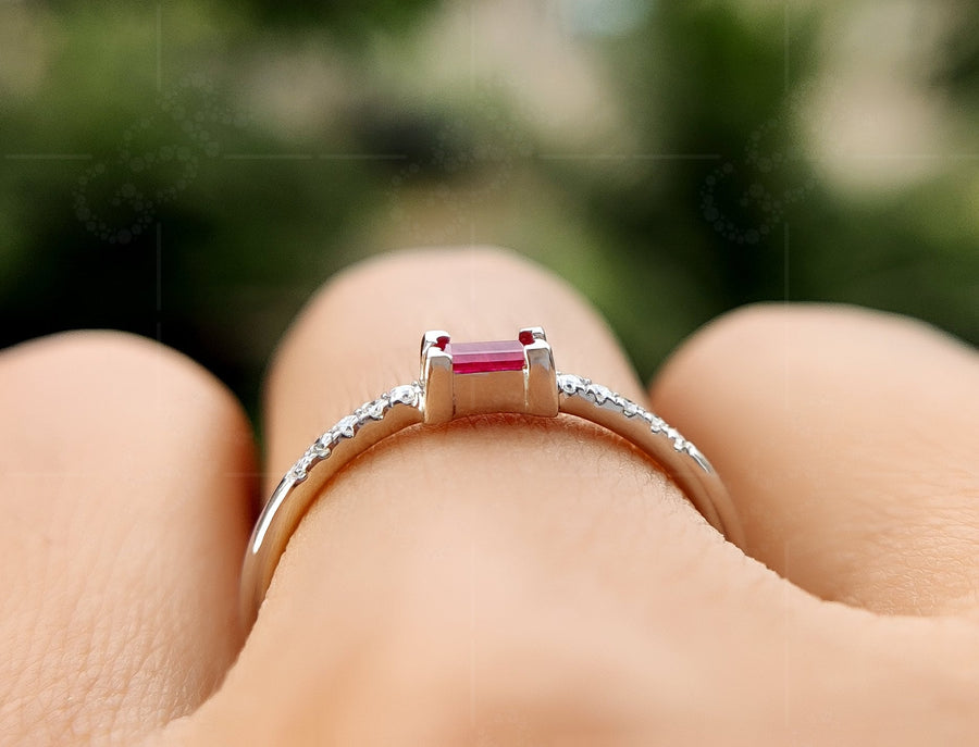 Elegant Horizontal Baguette Ruby Ring - Stylish Sideways Baguette Design - Dainty July Birthstone Beauty - Perfect Ruby Stacking Ring for Minimalist Stackable Rings Women