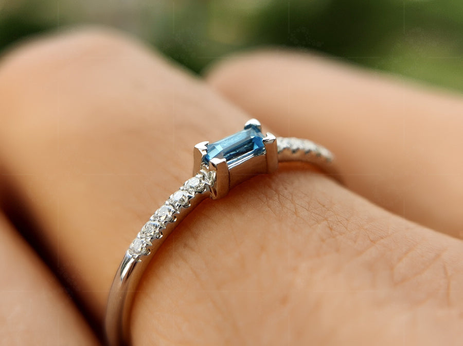 Elegant Swiss Blue Topaz Baguette Ring - December Birthstone Stacking Ring, a Dainty Minimalist Beauty - Delicate Gold Stackable Ring for Women