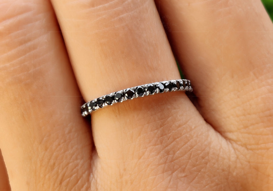 Elegant Black Moissanite Wedding Band for Women - 2mm Pave Full Eternity Beauty - Matching Stackable Rings, Perfect Black Stone Anniversary Band and Stacking Ring