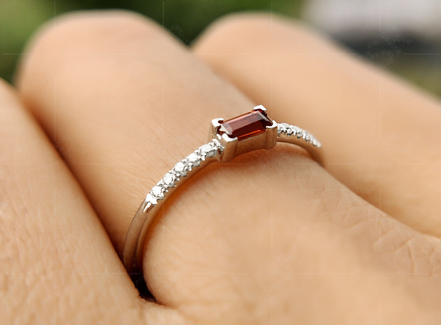 Elegant Dainty Garnet Baguette Ring - Stacking January Birthstone Beauty for Women - Minimalist Stackable Rings, Perfect Delicate Anniversary and Mom Ring