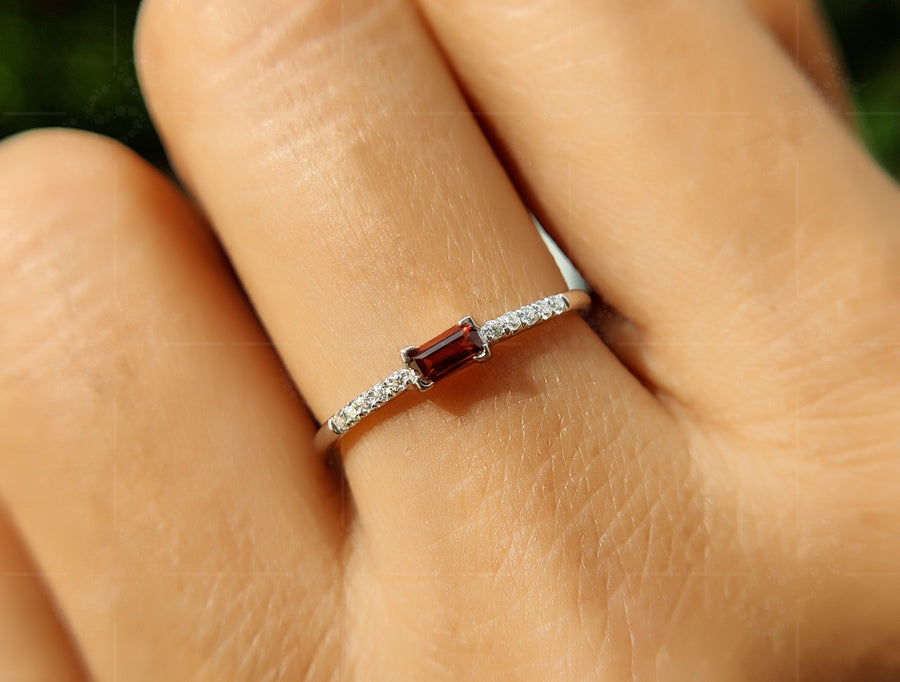 Elegant Dainty Garnet Baguette Ring - Stacking January Birthstone Beauty for Women - Minimalist Stackable Rings, Perfect Delicate Anniversary and Mom Ring