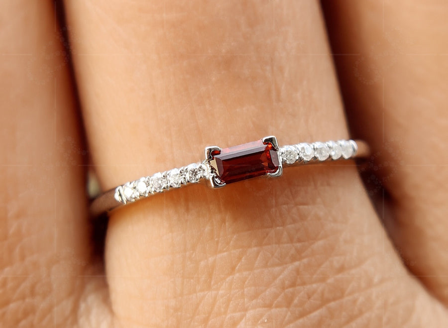 Elegant Dainty Garnet Baguette Ring - Stacking January Birthstone Beauty for Women - Minimalist Stackable Rings, Perfect Delicate Anniversary and Mom Ring