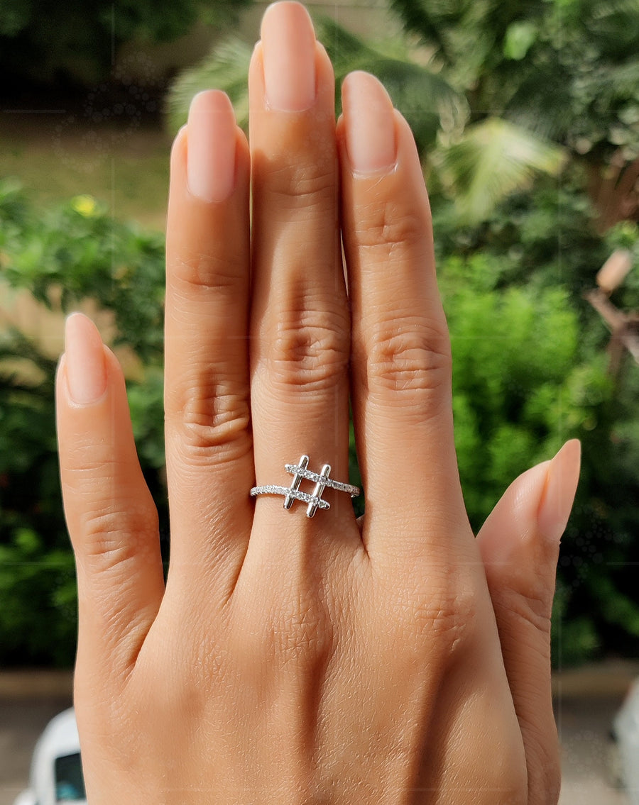 Chic Hashtag Sign Ring - Special Symbol Minimalist Beauty with Unique Pave Moissanite - Ideal Dainty Anniversary and Everyday Ring