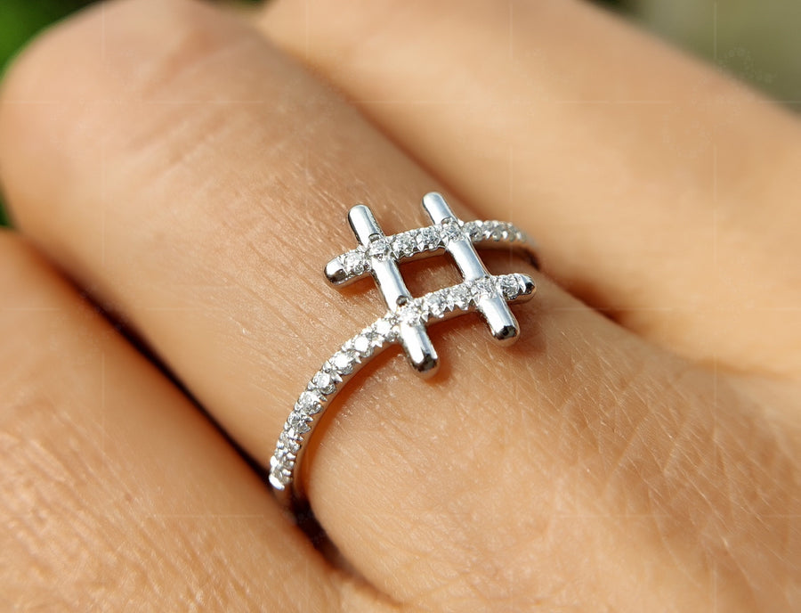 Chic Hashtag Sign Ring - Special Symbol Minimalist Beauty with Unique Pave Moissanite - Ideal Dainty Anniversary and Everyday Ring