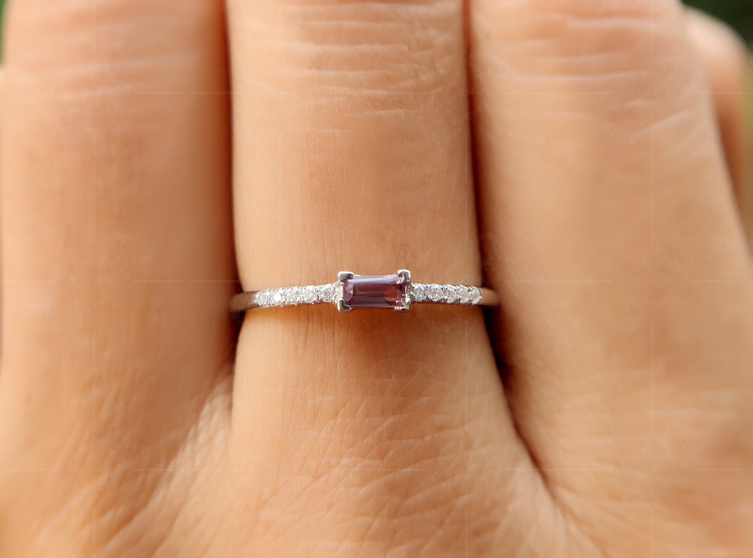 Elegant Alexandrite Baguette Ring - Perfect Stackable Birthstone Ring for Women - Dainty Stacking Beauty, Ideal for Minimalist Delicate Ring or Mothers Birthstone Ring