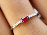 Elegant Horizontal Baguette Ruby Ring - Stylish Sideways Baguette Design - Dainty July Birthstone Beauty - Perfect Ruby Stacking Ring for Minimalist Stackable Rings Women