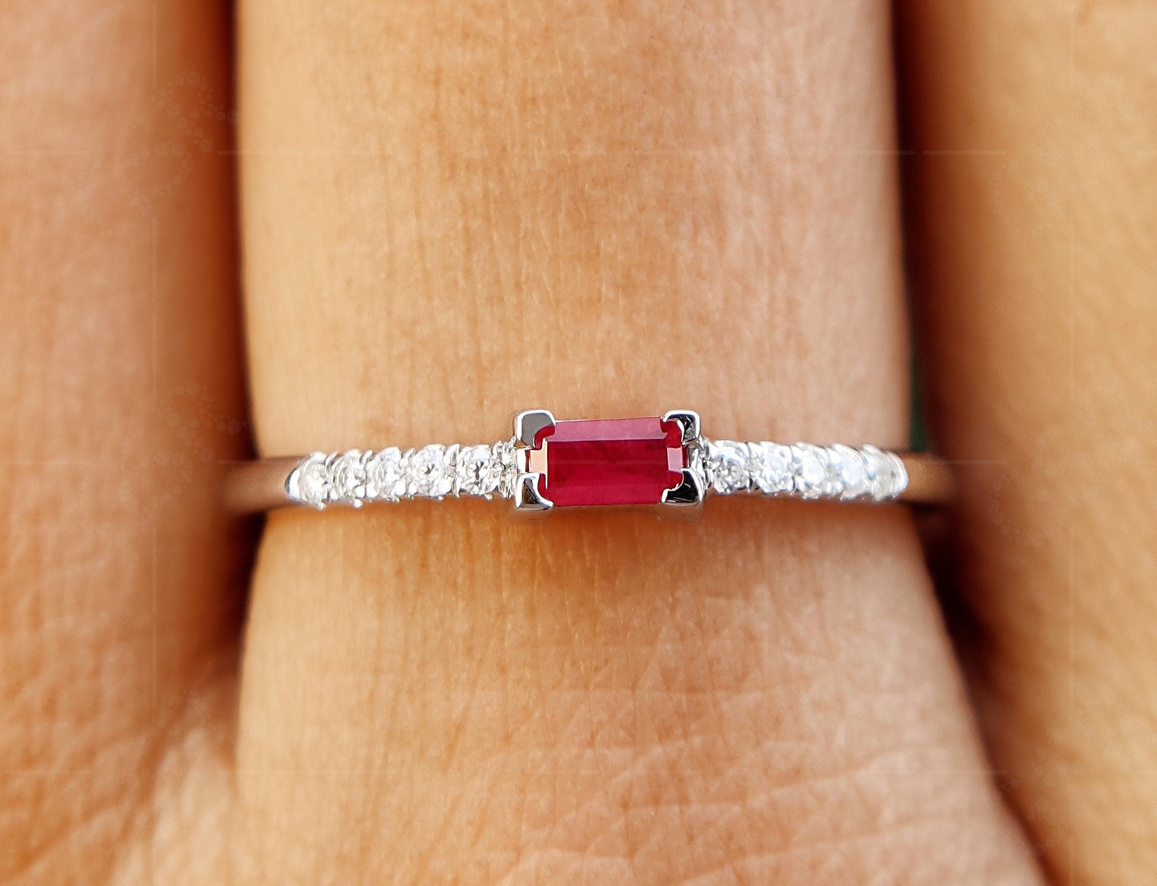 Elegant Horizontal Baguette Ruby Ring - Stylish Sideways Baguette Design - Dainty July Birthstone Beauty - Perfect Ruby Stacking Ring for Minimalist Stackable Rings Women