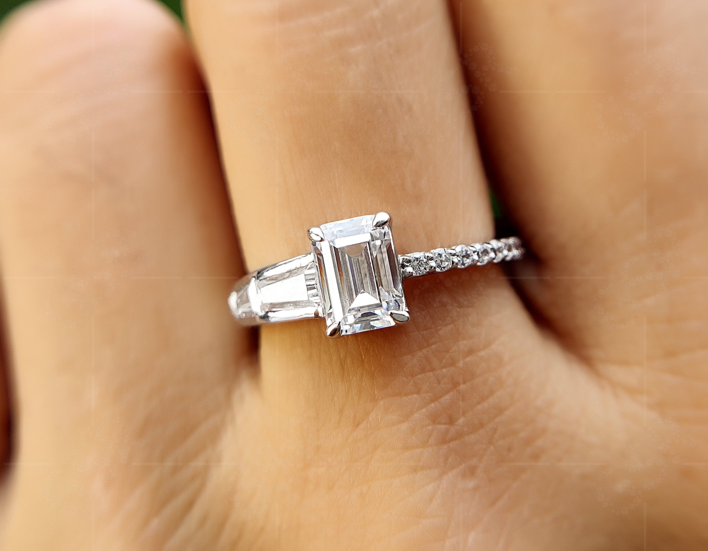 Elegant Unique Emerald Cut Solitaire Engagement Ring - Moissanite Beauty with Art Deco Style - Perfect Anniversary Ring for Women
