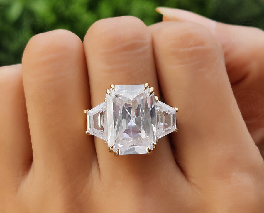 Large Radiant Cut Simulated Diamond Ring, Big 3 Stone Engagement Ring, Celebrity Replica Rings, Cocktail Statement Ring, Trilogy Ring